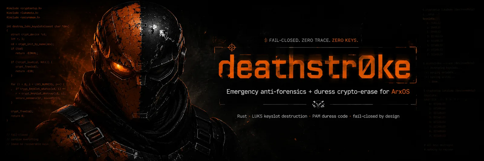 deathstr0ke, emergency anti-forensics and duress crypto-erase for ArxOS
