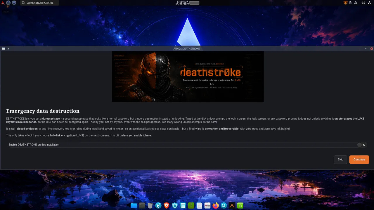 The DEATHSTROKE opt-in: enable it and set a duress phrase (at least 6 characters).