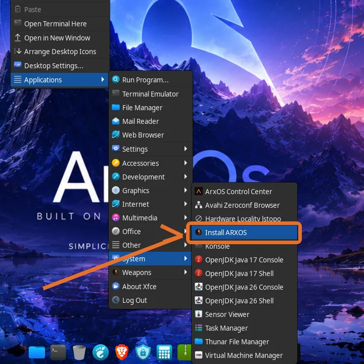 The XFCE applications menu with Install ARXOS highlighted