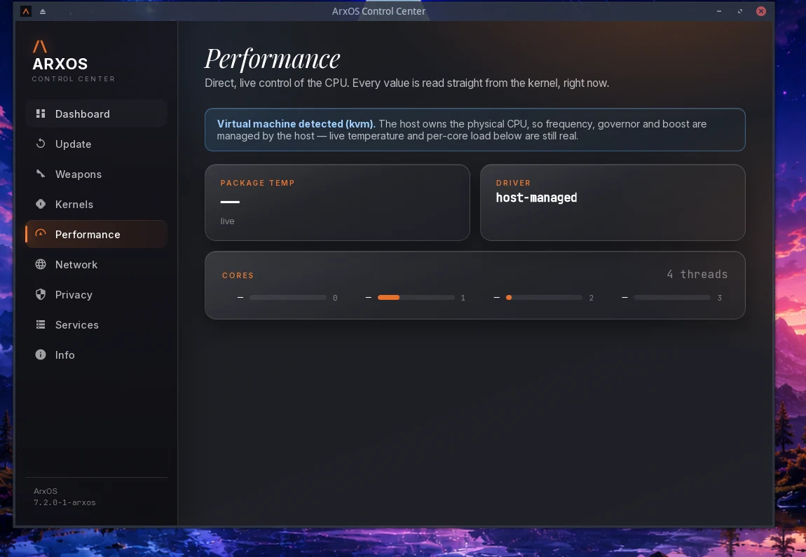 ArxOS Control Center performance panel