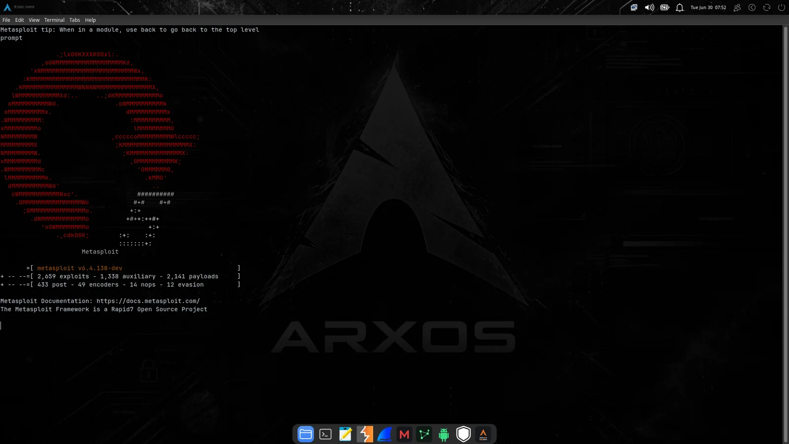 Metasploit running on ARXOS